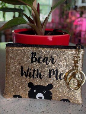 Bear With Me Glitter Coin Purse Keychain Pouch Cosmetic Bag Gold Sparkle